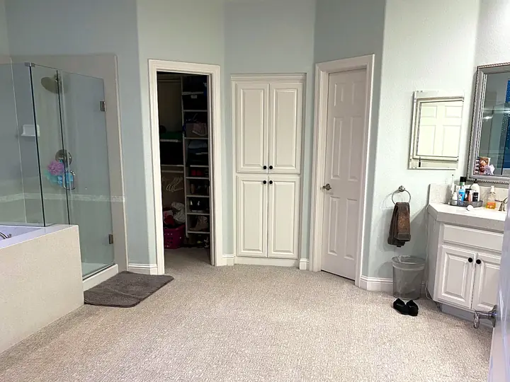 A clean main bathroom with a freshly vacuumed carpet
